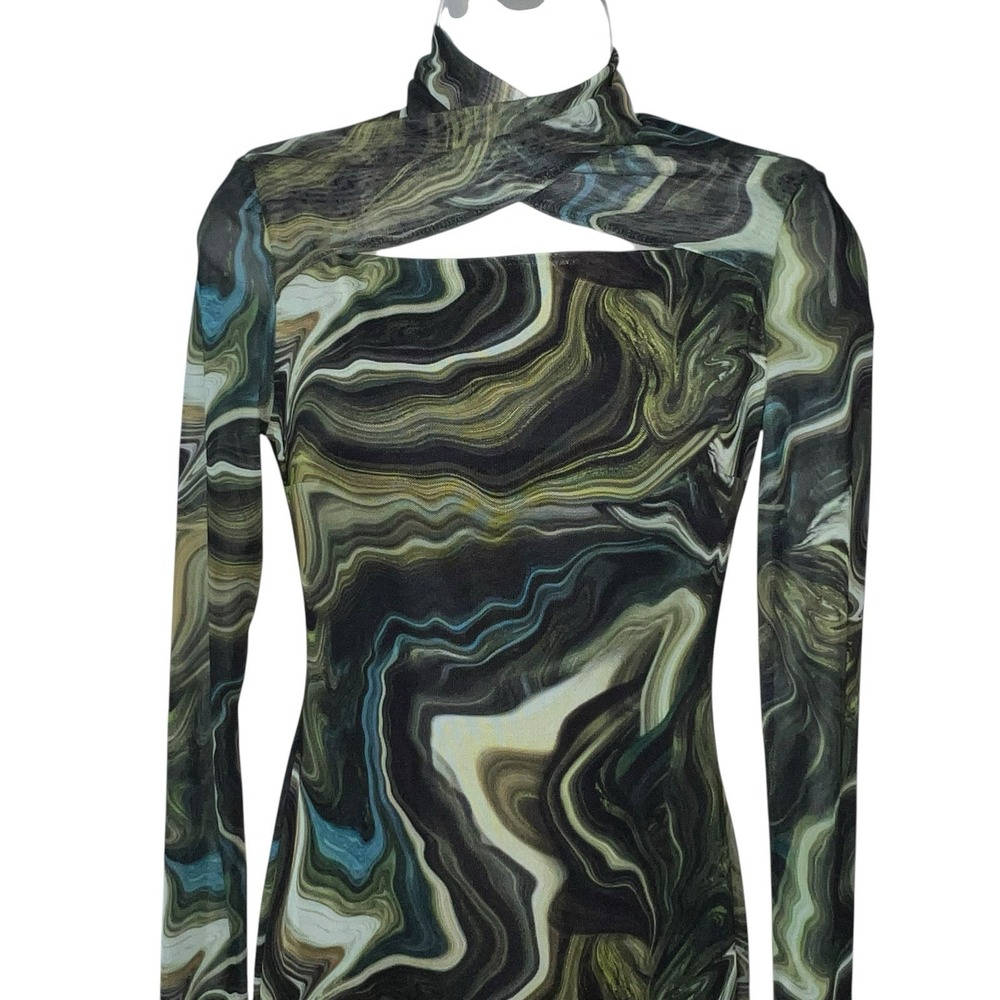 Daska Nasira Maxi‎ Dress Green Abstract Line Long Sleeve Bodycon XS Keyhole Neck - Picture 3 of 13